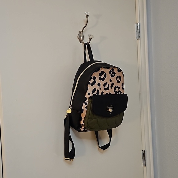 BETSEY JOHNSON Velvet Leopard Print Quilted Olive Green Mini Backpack main image 12